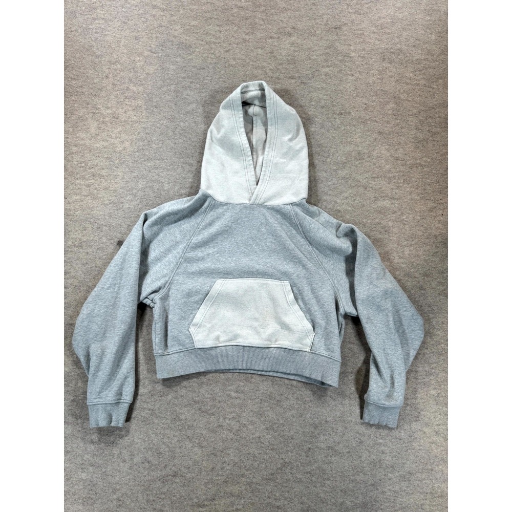 Aerie Cropped Hoodie Womens Medium White Gray Kangaroo Pockets Raglan Sleeve